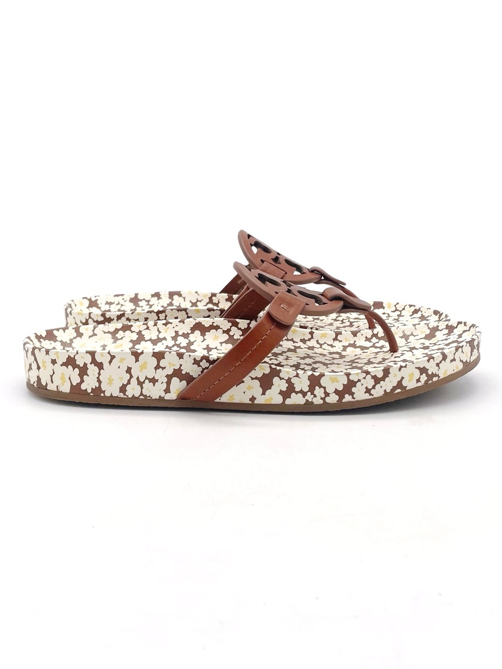 Tory Burch Miller Cloud Sandals Sz 8.5 Brown Floral Logo Leather Flip Flop Slide - Picture 4 of 16